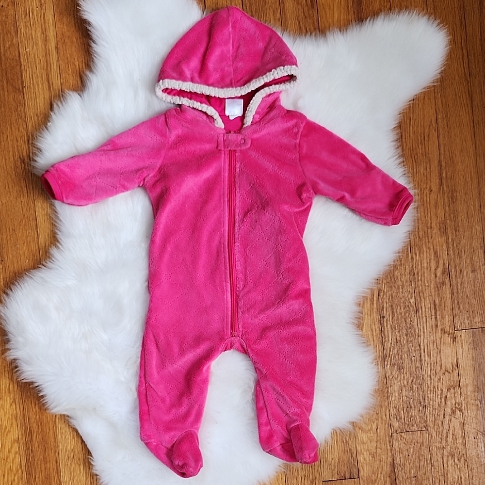 Mini Muffin Cozy Pink Hooded Baby One Piece Footie  Velour, 6-9M